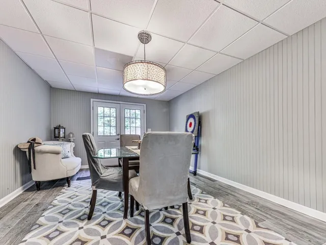 a view of a park with large trees