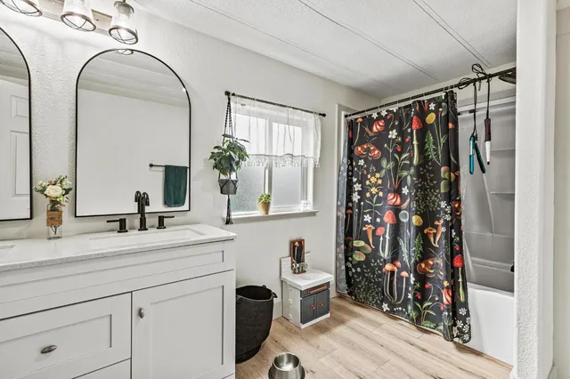a bathroom with a sink a potted plant and a mirror