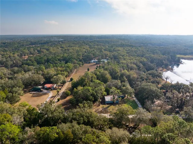 an aerial view of residential houses with outdoor space and trees