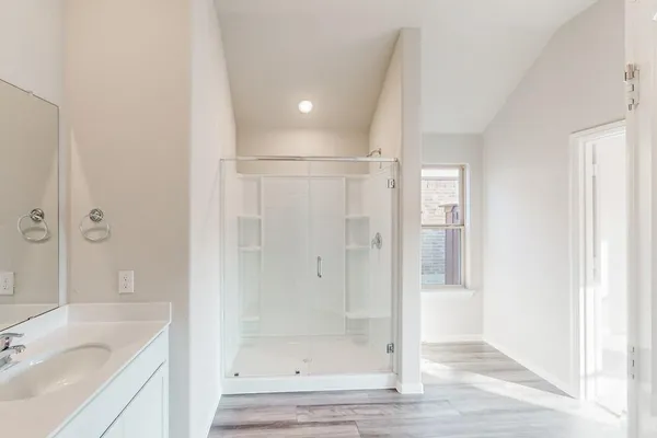 a bathroom with a shower and a sink