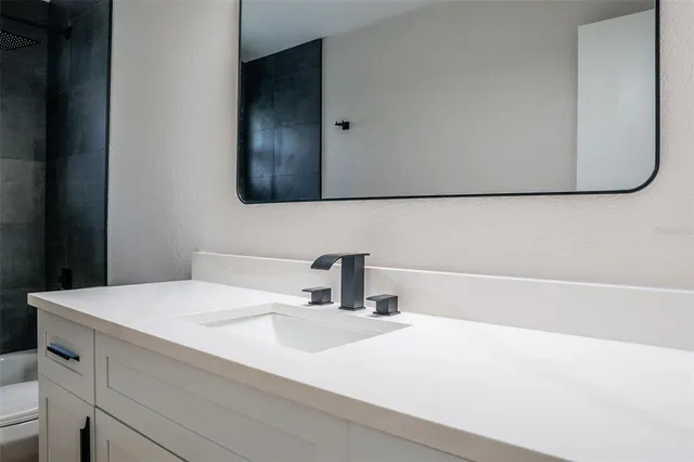 a bathroom with a sink and a mirror