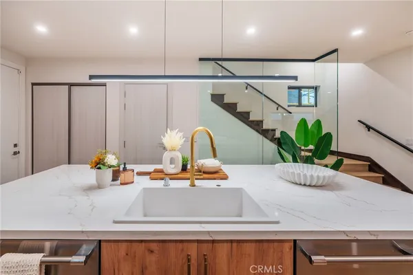 a kitchen with a sink and a potted plant