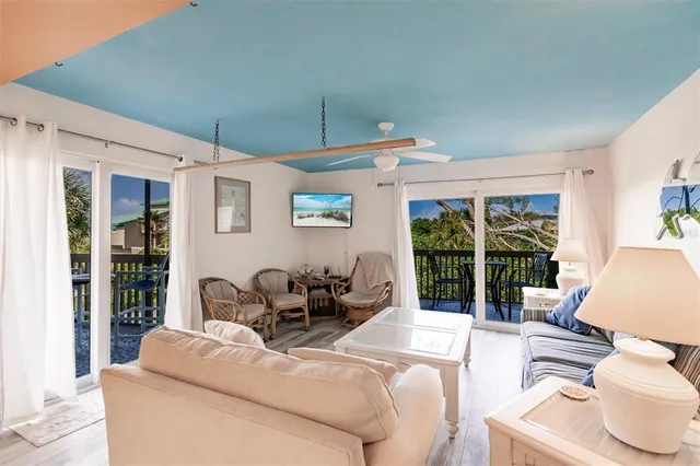 a living room with furniture potted plant and a large window