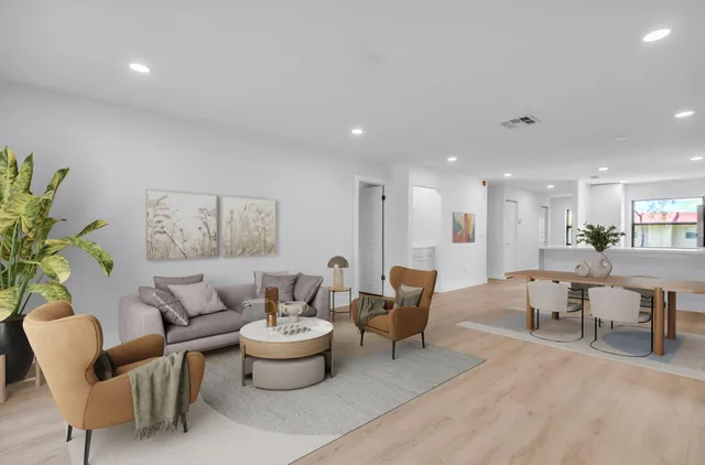 a living room with furniture a couch and a potted plant