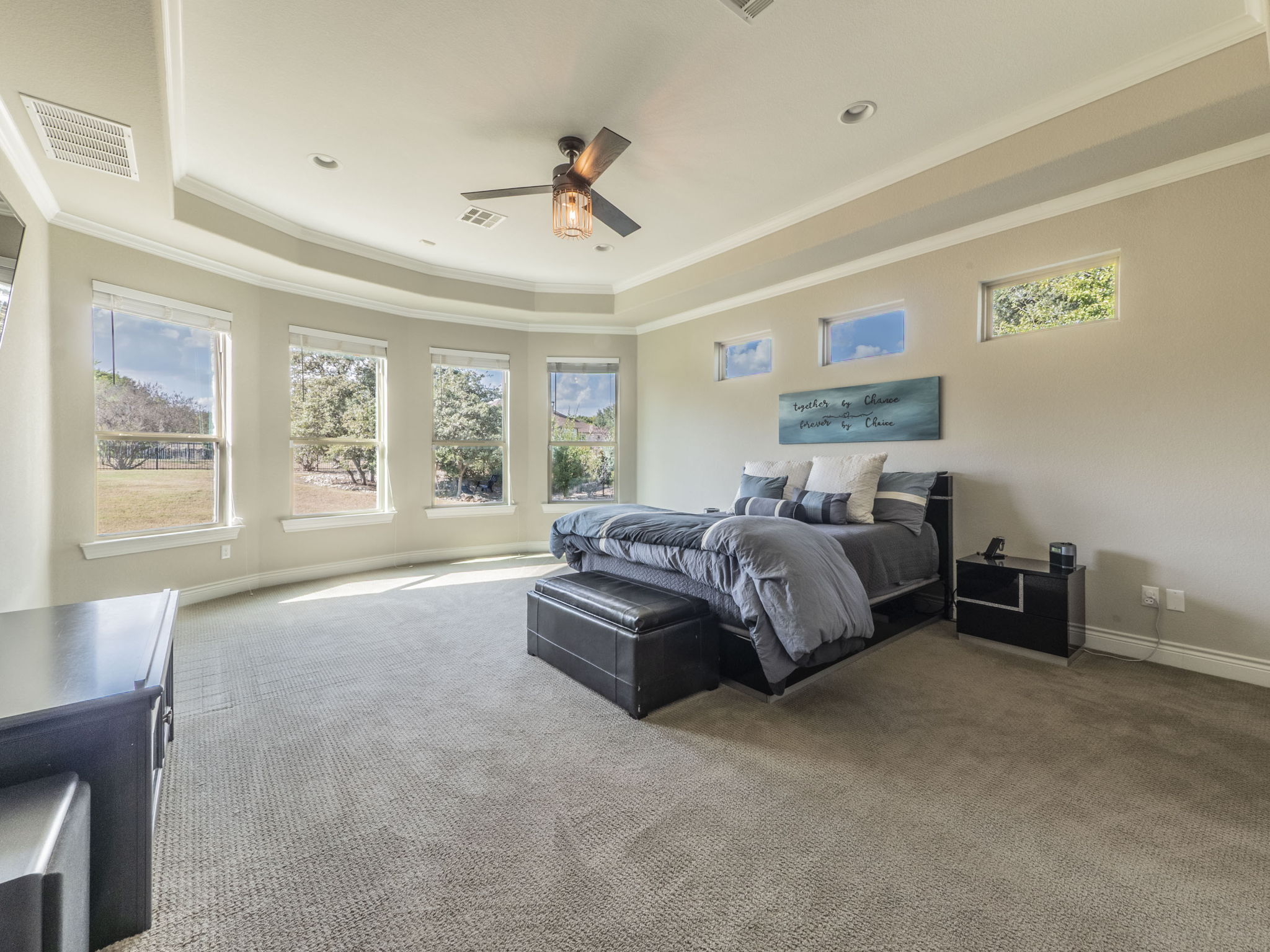 205 Standing Oak Drive Georgetown, TX 78633 - Photo 13 of 40 Bedroom with carpet flooring, ornamental molding, a raised ceiling, and ceiling fan