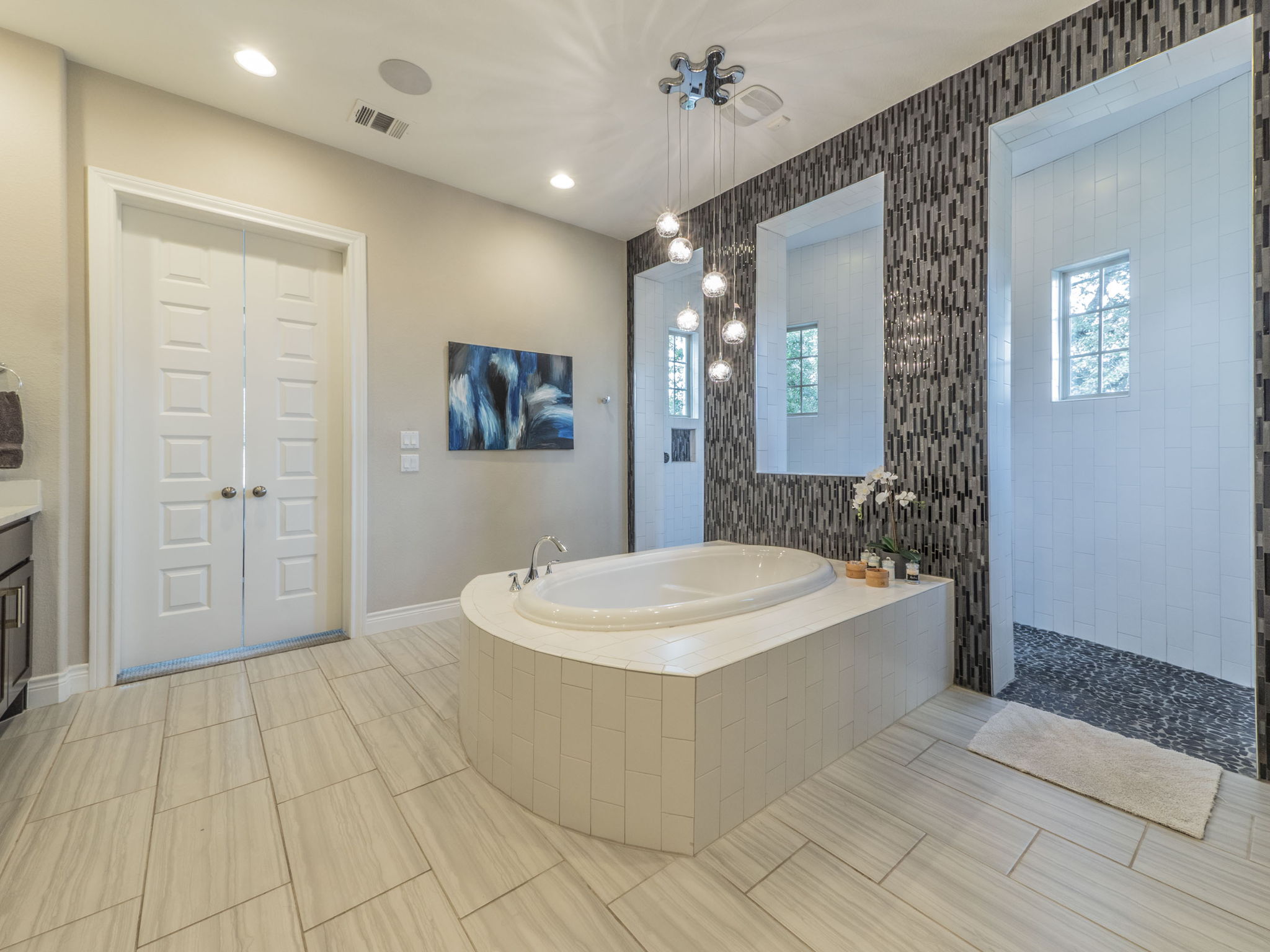 205 Standing Oak Drive Georgetown, TX 78633 - Photo 15 of 40 Bathroom featuring a bath, vanity, a walk in shower, and recessed lighting