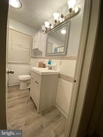 a bathroom with a sink a toilet and mirror