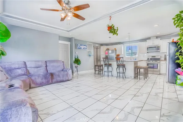 a view of a dining room with furniture