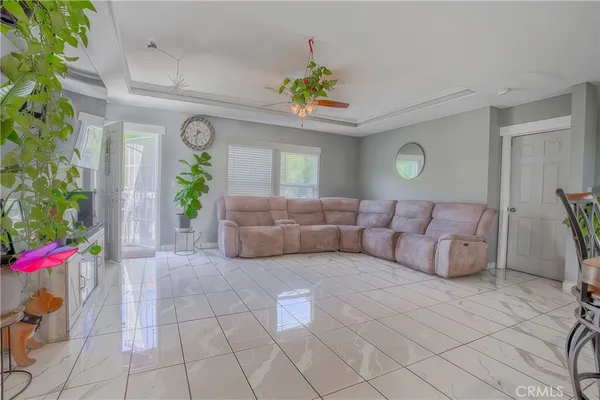 a living room with furniture and a potted plant