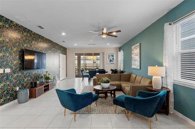 a view of a dining room with furniture