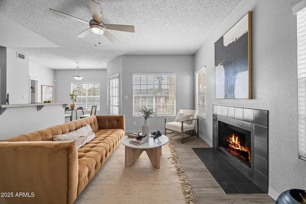 a living room with furniture and a fireplace