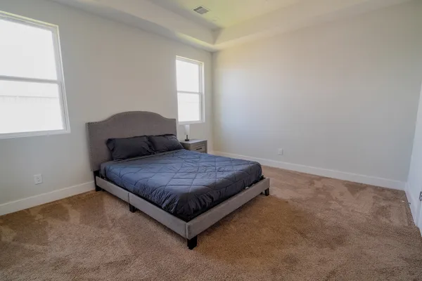 a bedroom with a bed and window