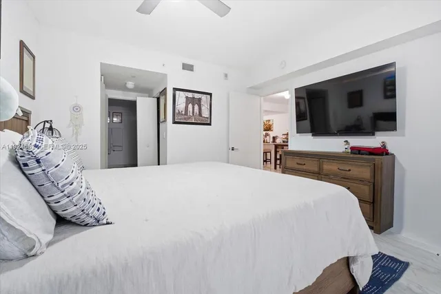 a bedroom with a bed and a flat screen tv