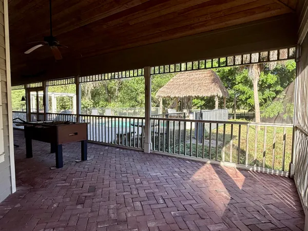 a building outdoor space with patio furniture