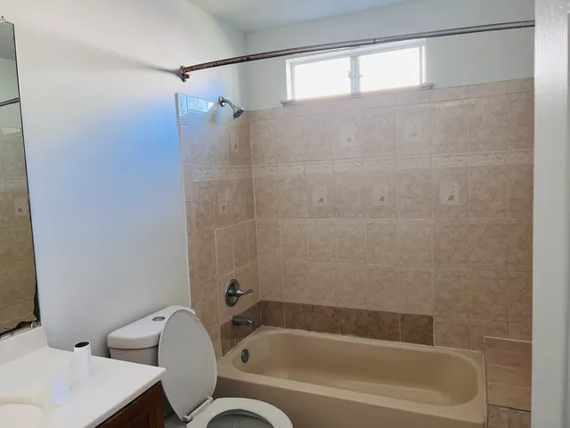a bathroom with a toilet and a bathtub
