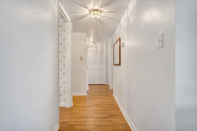 a view of a hallway with wooden floor