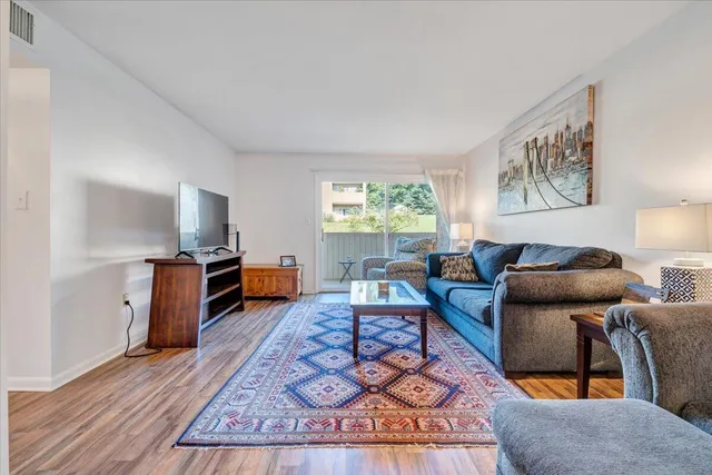 a living room with furniture a rug and a window