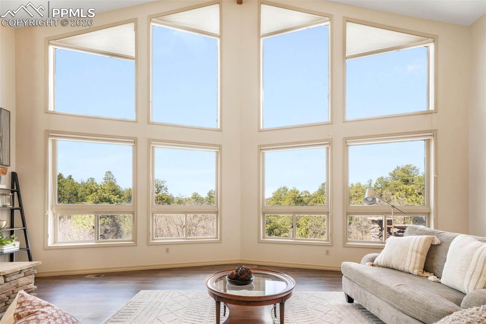 19790 Beacon Lite Road Monument, CO 80132 - Photo 5 of 50 Vaulted ceiling great room with abundant natural light from a wall of windows
