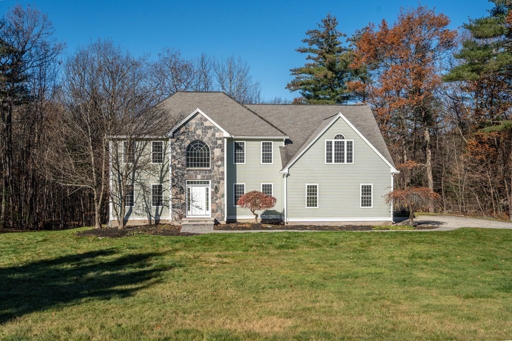 a front view of house with yard and green space