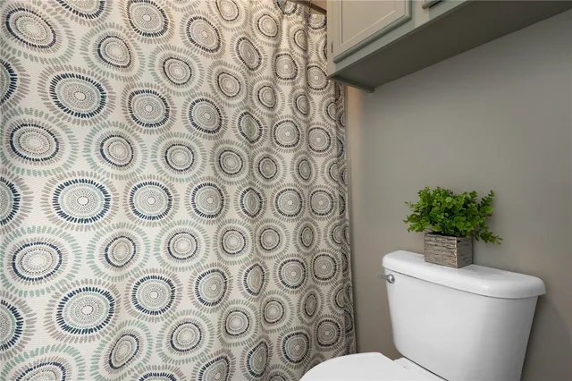 a bathroom with a toilet and a shower curtain