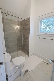 a bathroom with a shower and a toilet