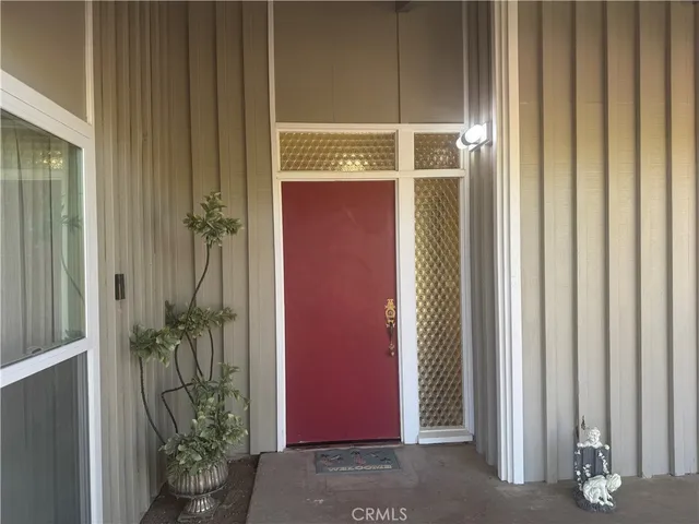 a view of a porch with a door