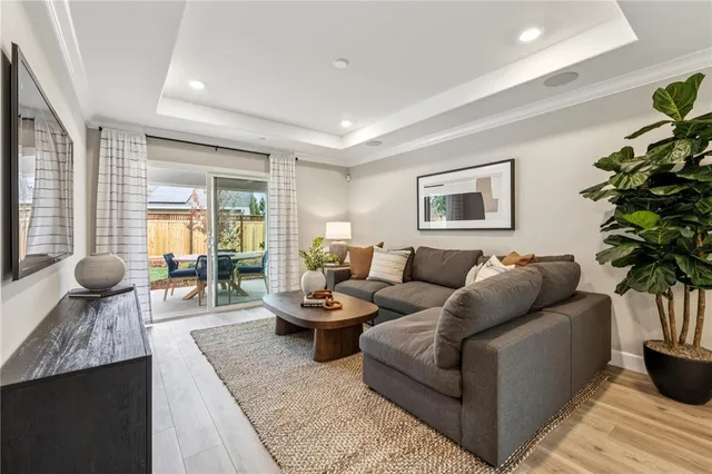 a living room with furniture and a potted plant