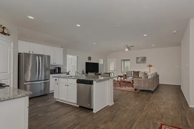 a view of a dining room with furniture