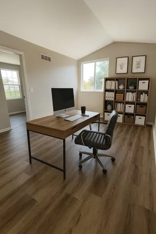 a workspace with furniture hardwood and a window