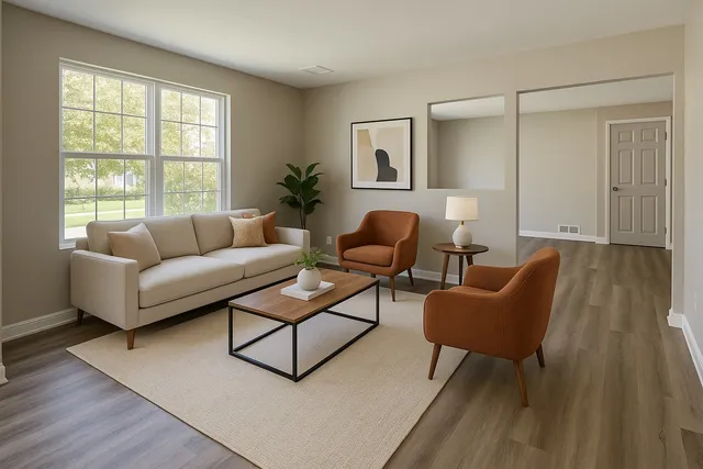 a living room with furniture and a large window