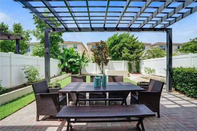 a view of an outdoor dining space with furniture and garden