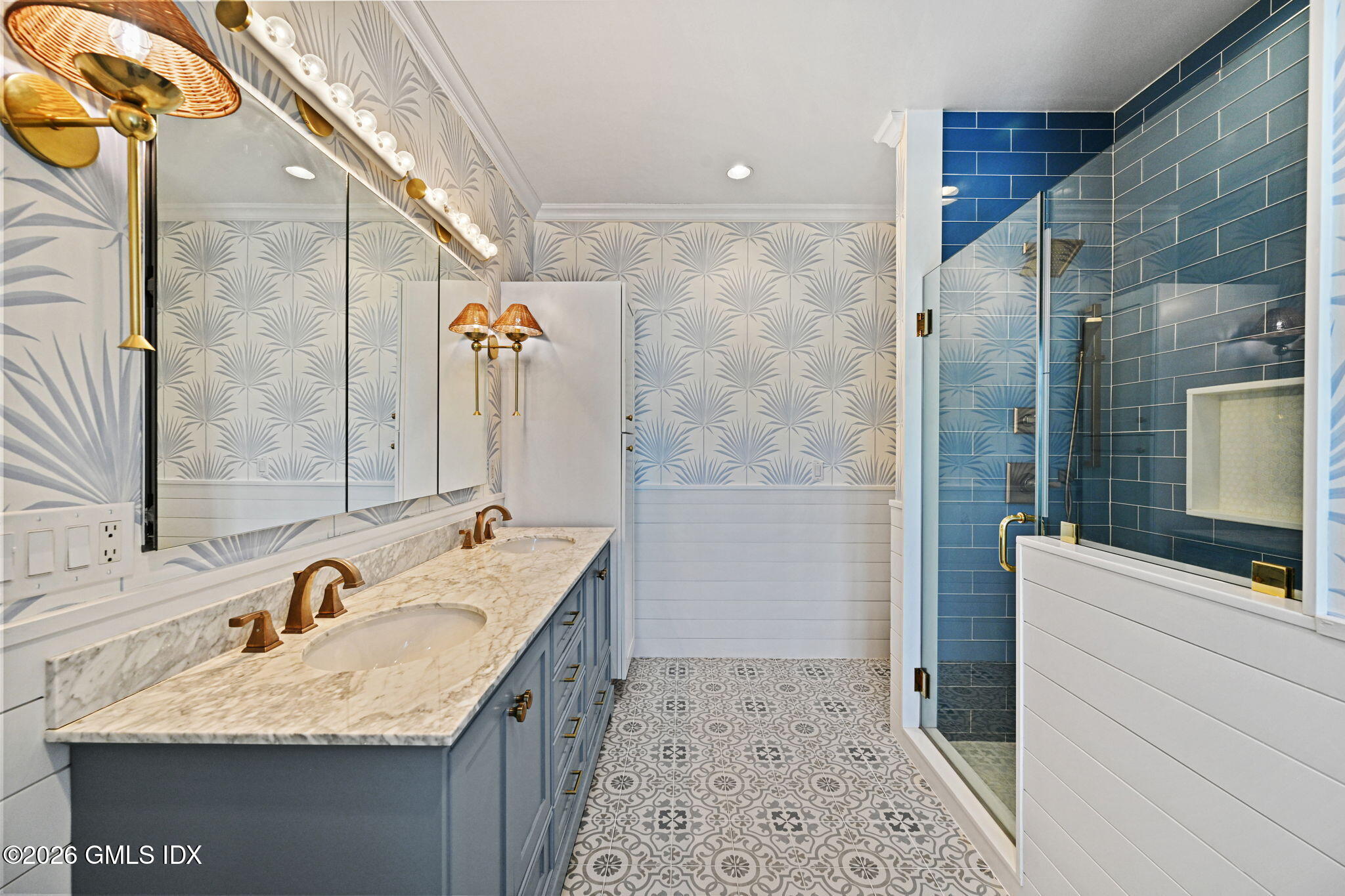 8 Haskell Lane Darien, CT 06820 - Photo 30 of 40 a bathroom with a granite countertop sink and a mirror