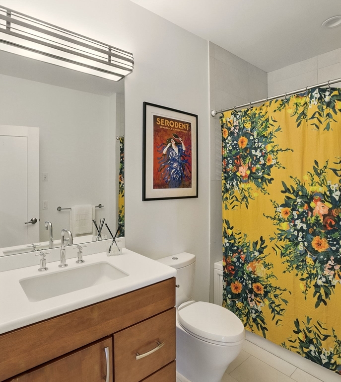 151 Sherman Street Cambridge, MA 02140 - Photo 26 of 35 a bathroom with a sink a toilet and a shower curtain
