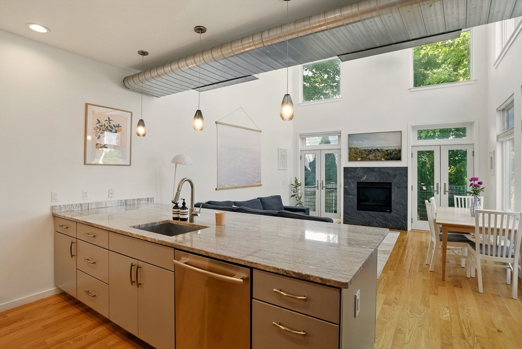 151 Sherman Street Cambridge, MA 02140 - Photo 10 of 35 a kitchen with a sink and a fireplace