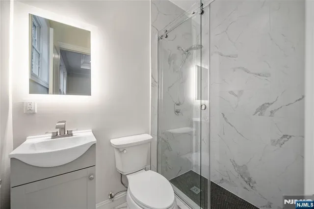 a bathroom with a toilet sink vanity and shower