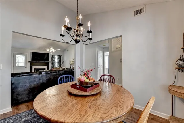 a view of a dining room with furniture