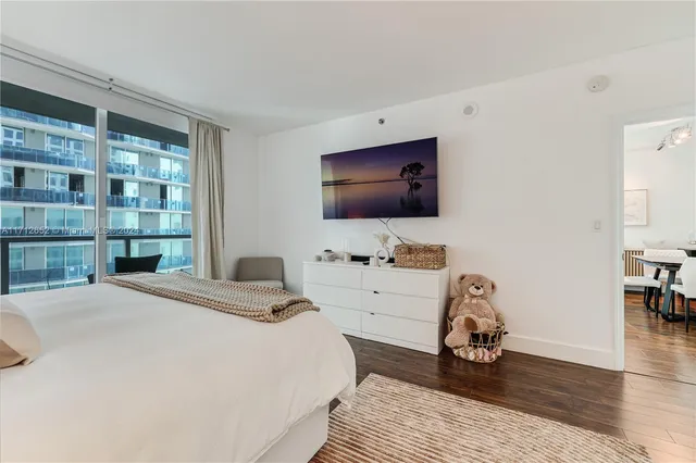 a bedroom with a bed and a flat tv screen on the dresser