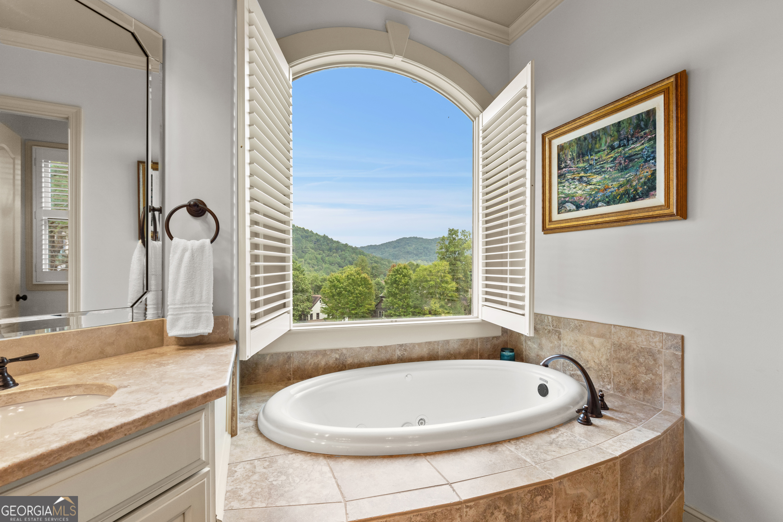96 Fair View Drive Clayton, GA 30525 - Photo 22 of 66 a bathroom with a granite countertop sink and a bathtub