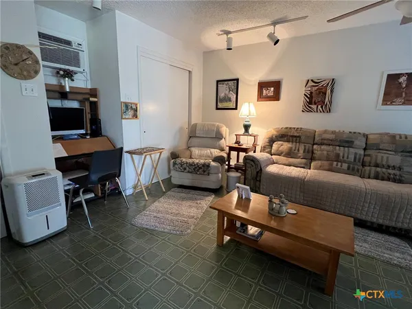 a living room with furniture a rug and white walls