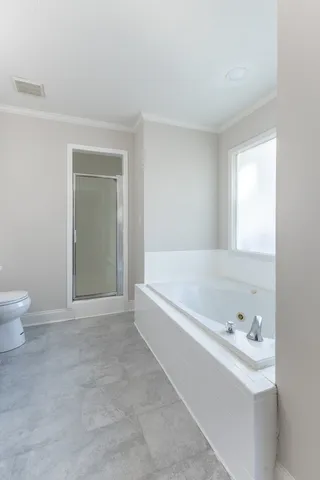 a bathroom with a bathtub and a toilet