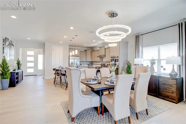 a view of a dining room with furniture