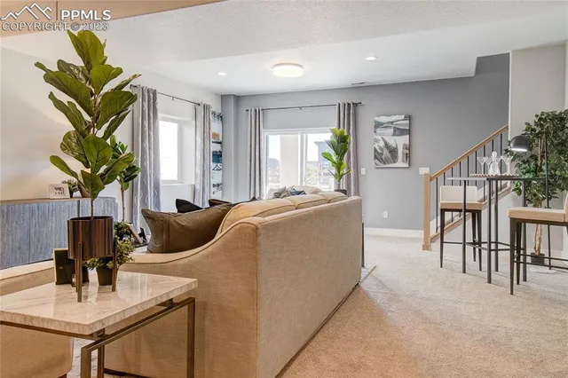 a living room with furniture a window and a potted plant