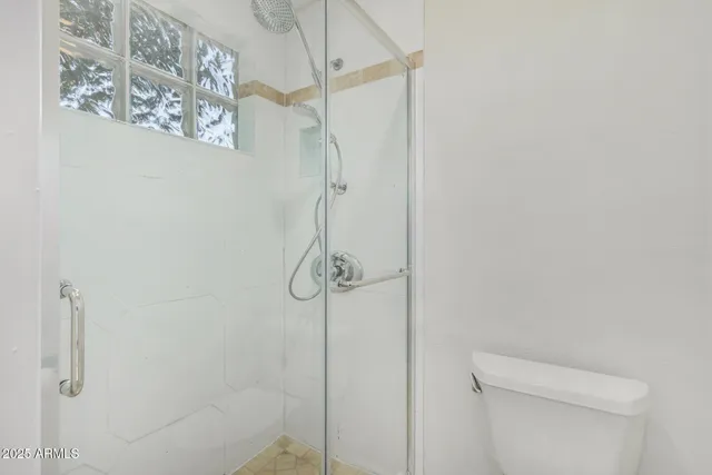 a bathroom with a shower and toilet