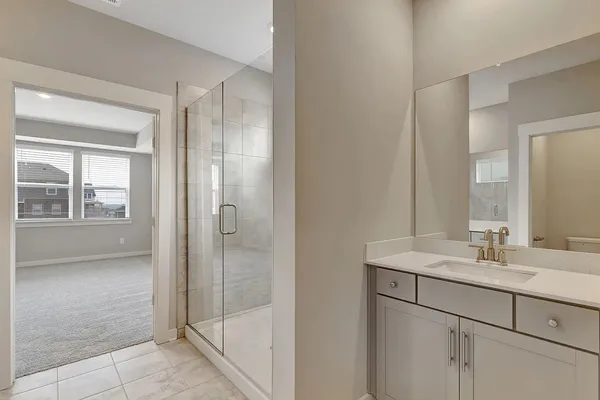 a bathroom with a shower sink and mirror