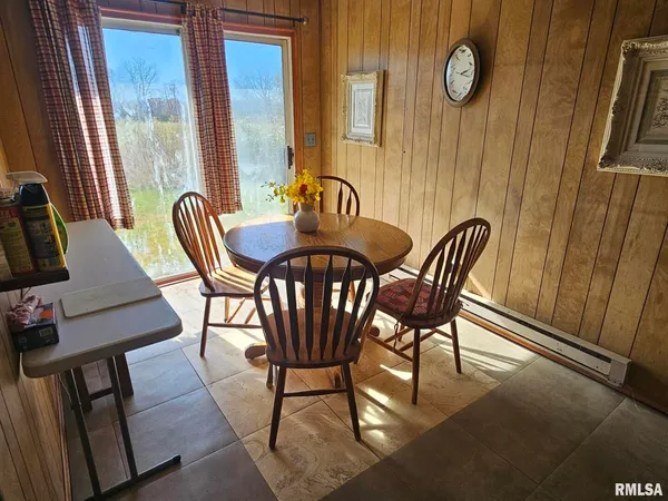 a view of a dining room with furniture and window