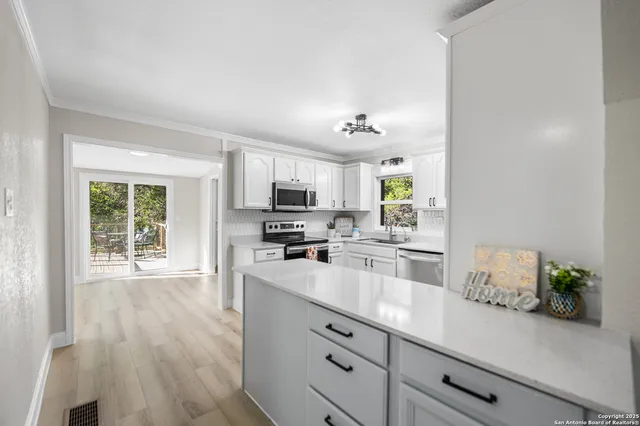 a kitchen with appliances a counter space and cabinets