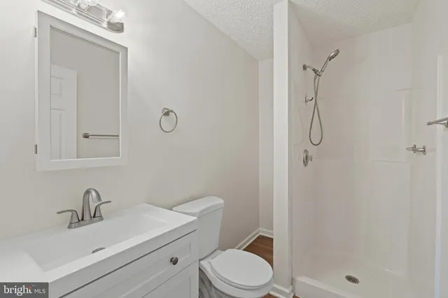 a bathroom with a sink toilet vanity and shower