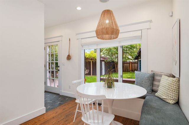 a view of a dining room with furniture window and wooden floor