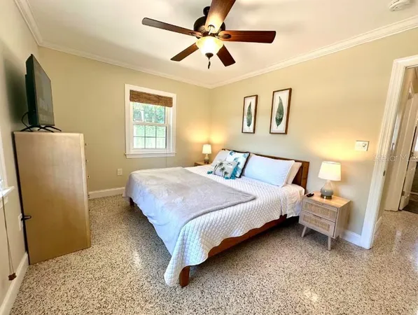 a bedroom with a bed and a flat screen tv