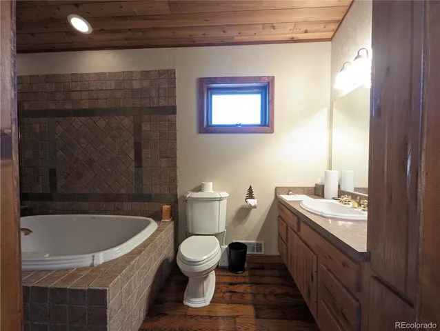 a bathroom with a tub a sink and a mirror